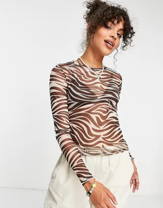 Noisy May mesh top in brown zebra print