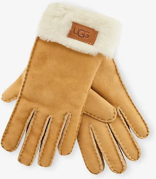 Ugg Womens Chestnut ogo-embroidered Turn-up eather and Shearling Gloves