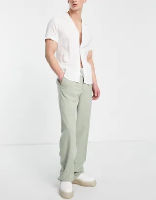ASOS DESIGN smart wide leg pants with drawcord waist in khaki