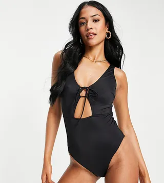 ASOS DESIGN Tall tie front cut out swimsuit in black