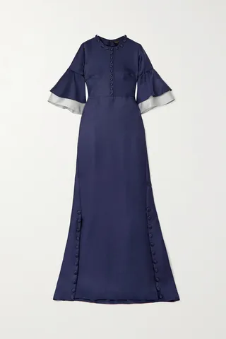 Reem Acra - Button-embellished Ruffled Two-tone Satin-piqué Gown - Blue