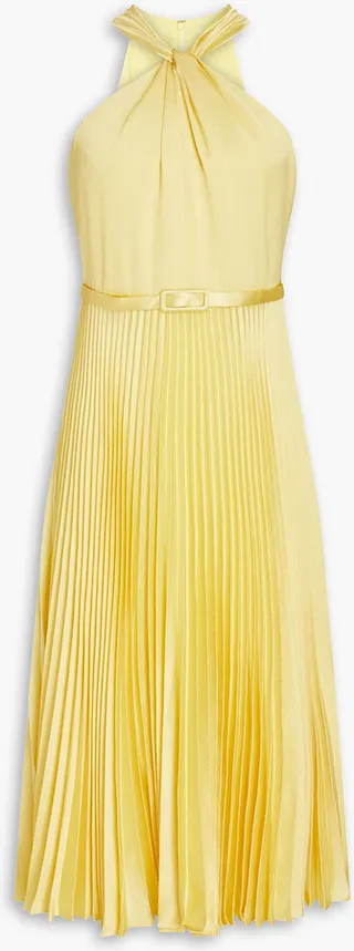 Pleated hammered-satin midi dress