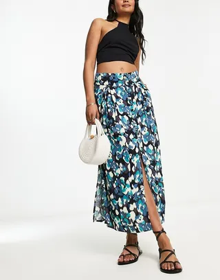 ASOS DESIGN button through midi skirt with split in green and black abstract print
