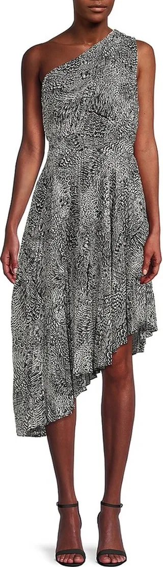 Feather Print Asymmetric Dress