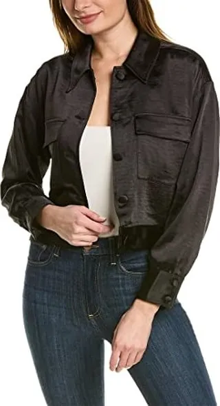 BCBGMAXAZRIA Women's Fitted Long Sleeve Bomber Jacket Collar Neck Flap Pocket Coat