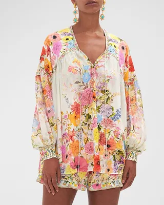 Hand-Embellished Blouson-Sleeve Blouse With Neck Tie
