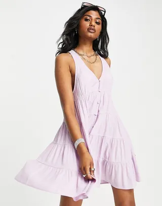 Topshop crinkle button through mini dress in lilac
