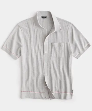 Cotton Silk Short Sleeve Full Placket Riviera Polo in Heather Grey