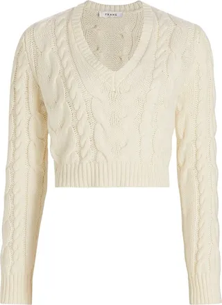 Cropped Cable Knit V-neck Sweater