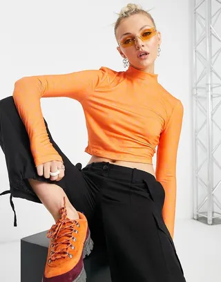 Noisy May high neck top in orange monogram print