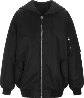 Oversized Black Nylon Bomber Jacket With Hood
