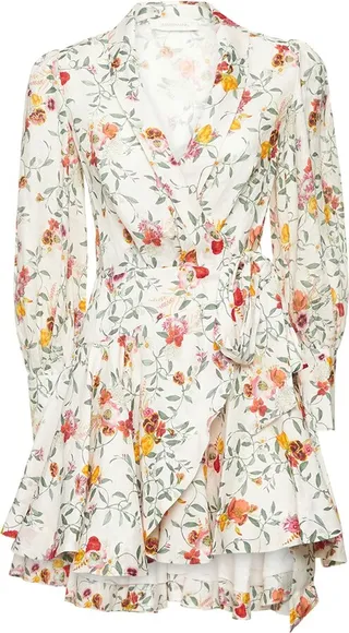 Floral print linen wraparound midi dress
