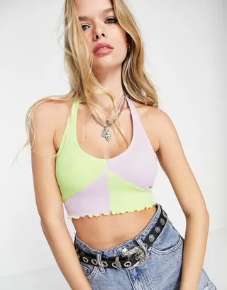 ASOS DESIGN color block rib halter top in green and lilac