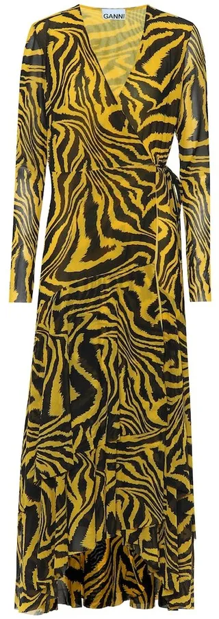 Animal-print mesh wrap dress