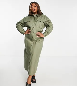 ASOS DESIGN Curve twill fitted midi shirt dress in khaki