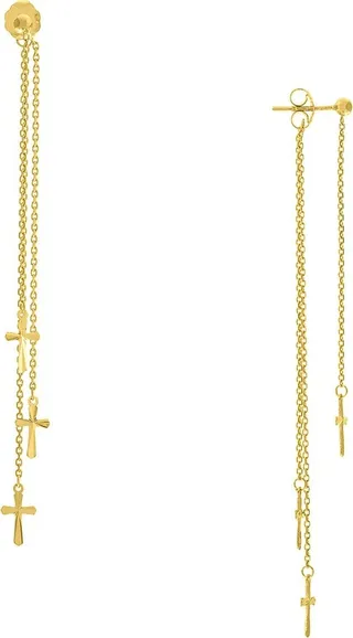 14K Yellow Gold Mini Cross Drop Earrings