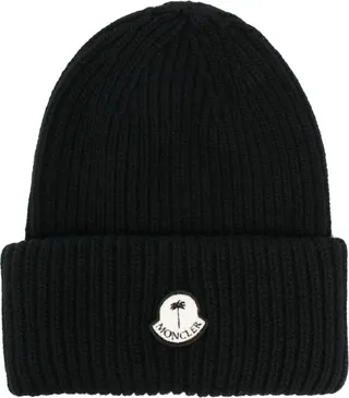 Black Logo-Patch Ribbed-Knit Beanie
