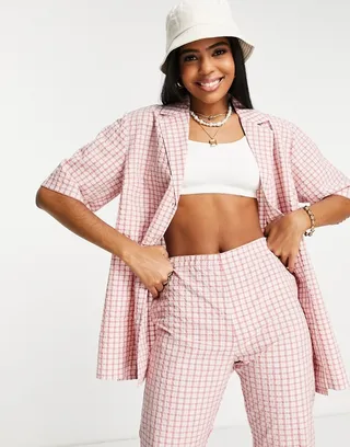ASOS DESIGN casual bowling shirt in pink check - part of a set