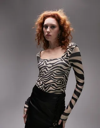 Topshop square neck animal print long sleeve top in multi