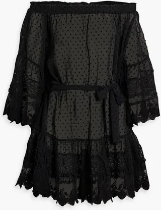 Alice off-the-shoulder lace-paneled Swiss-dot mini dress