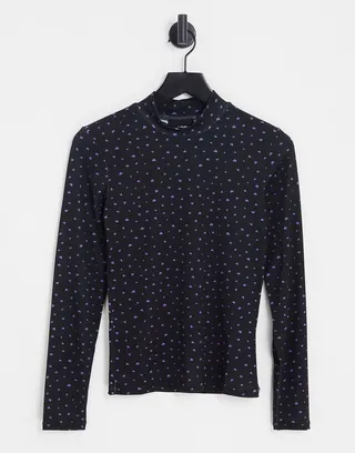 Pieces long sleeve top in black with purple hearts