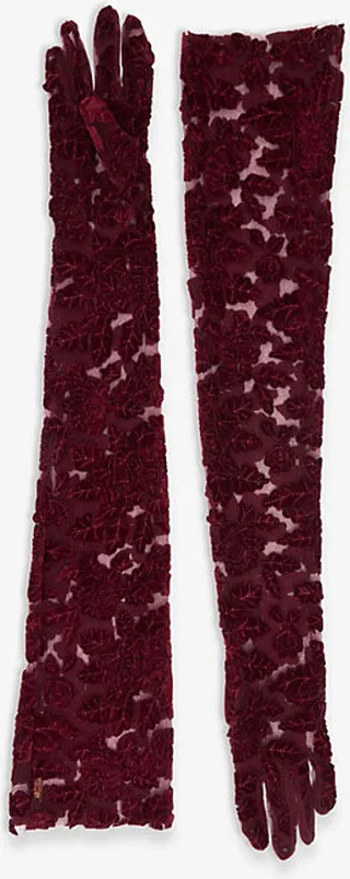Womens Burgandy Sparrow Opera-length Floral Tulle Gloves