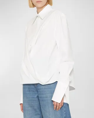 Draped Button-Front Poplin Top