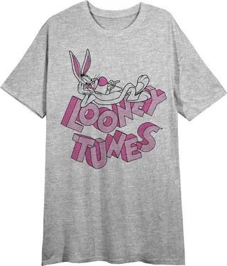 Looney Tunes Bugs Bunny and Series Title Logo Women’s Gray Short Sleeve Crew Neck Sleep Shirt-Medium