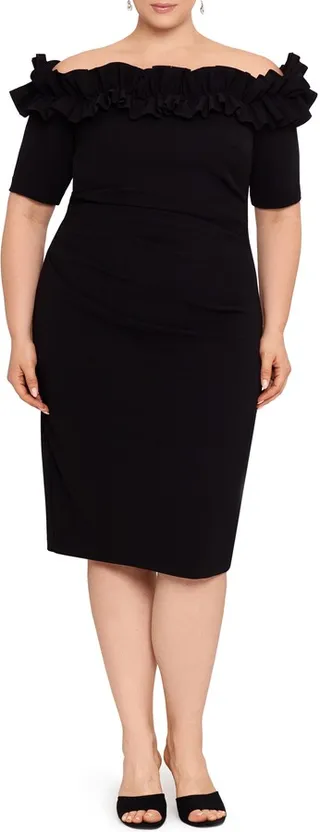 Ruffle Off the Shoulder Scuba Crepe Cocktail Dress
