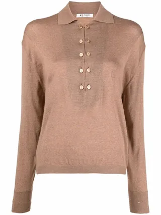 Long-Sleeve Wool Polo Top