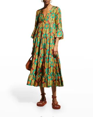 Jennifer Jane Clover-Print Tiered Silk Twill Midi Dress