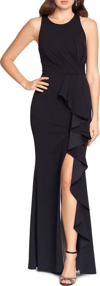 Scuba Crepe Ruffle Gown