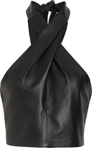 2-way Leather Halter Crop Top Top Black