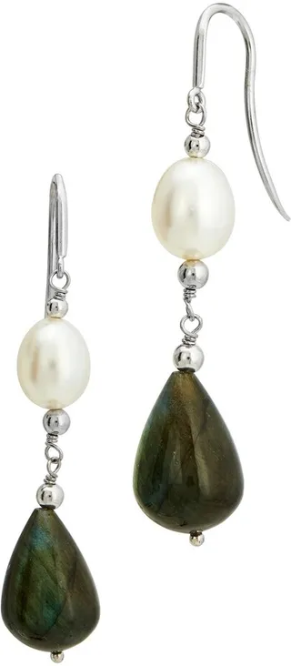 Sterling Silver Labradorite & 8-9mm Pearl Drop Earrings