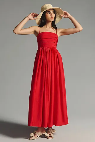 The Lorelei Ruched-Bodice Midi Dress Red