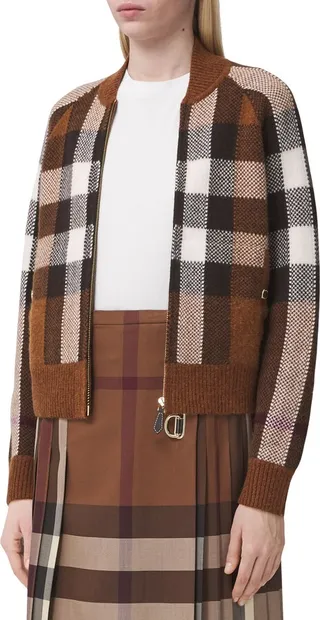 Demmi Check Jacquard Wool & Cashmere Sweater Bomber Jacket