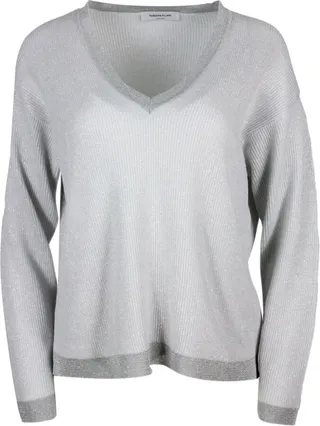 V-neck Cotton Blend Sweater Embellished With Lurex Rows With Contrasting Color Edges