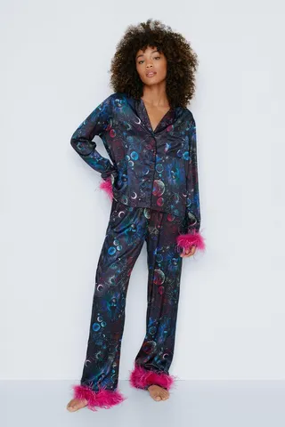 Nasty Gal Womens Astrology Satin Feather Pajama Pants Set