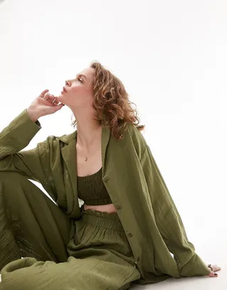 Topshop textured beach shirt in olive - part of a set