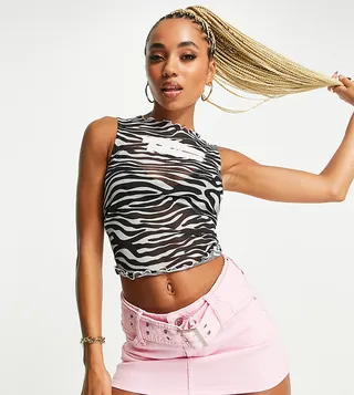ASYOU mesh tank top with internet famous graphic in zebra print