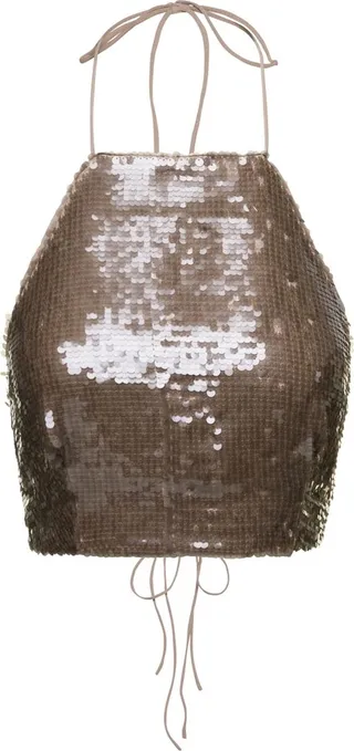 'lara' Brown Halterneck Crop Top With All-over Paillettes In Polyester Woman