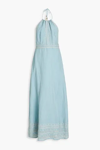 Ophelia embroidered linen-canvas halterneck midi dress