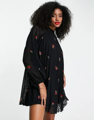 ASOS DESIGN pleated trapeze mini dress with all over embroidery in black