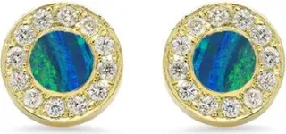 Diamond Opal Inlay Circle Yellow Gold Stud Earrings