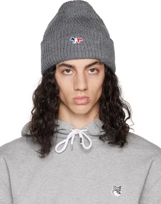 Maison Kitsuné Gray Tricolor Fox Patch Beanie