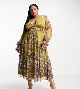 ASOS DESIGN Curve ruched waist detail midi dress with blouson sleeve in mixed floral