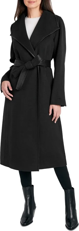Tahari Women's Faux-Leather-Trim Belted Wrap Coat