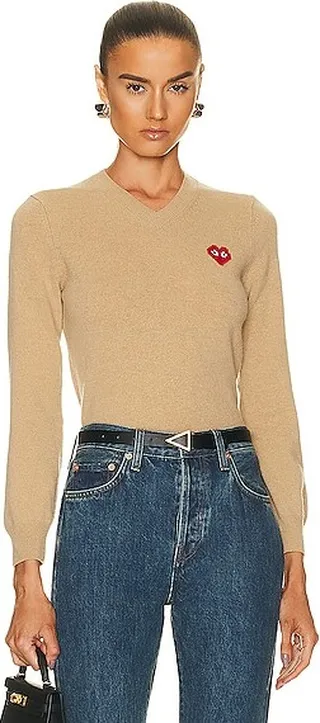 COMME des GARCONS PLAY Invader V-Neck Pullover Sweater in Beige