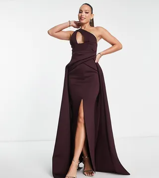 ASOS DESIGN Tall asymmetric neck maxi dress with train in aubergine