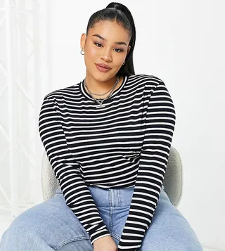 ASOS DESIGN Curve long sleeve striped t-shirt in navy